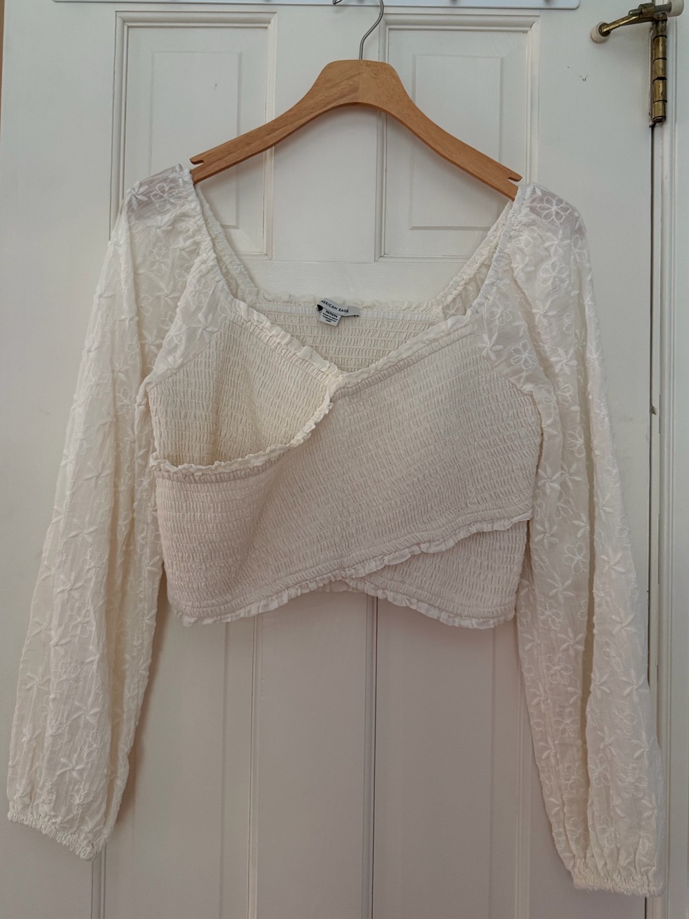 American Eagle Outfitters Cream Lace Smocked Wrap Crop Top